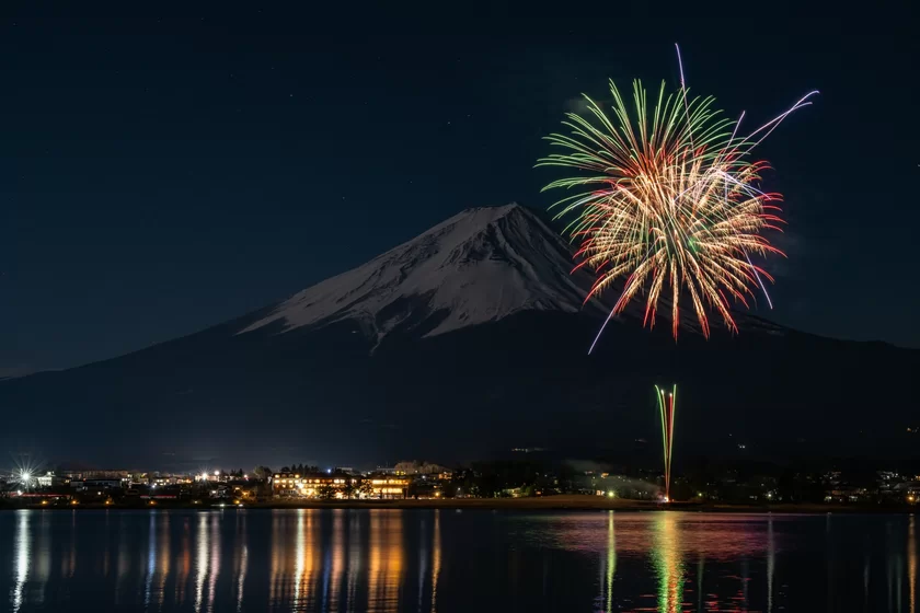 河口湖冬花火の風景