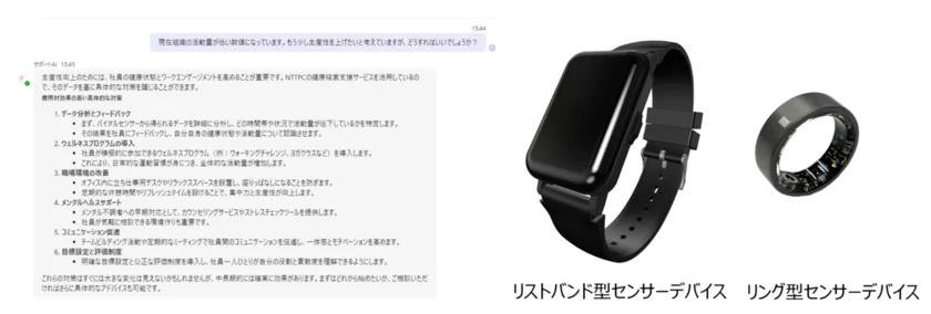「健康経営アドバイザーAI」が提供する対策の出力イメージとセンサーデバイス