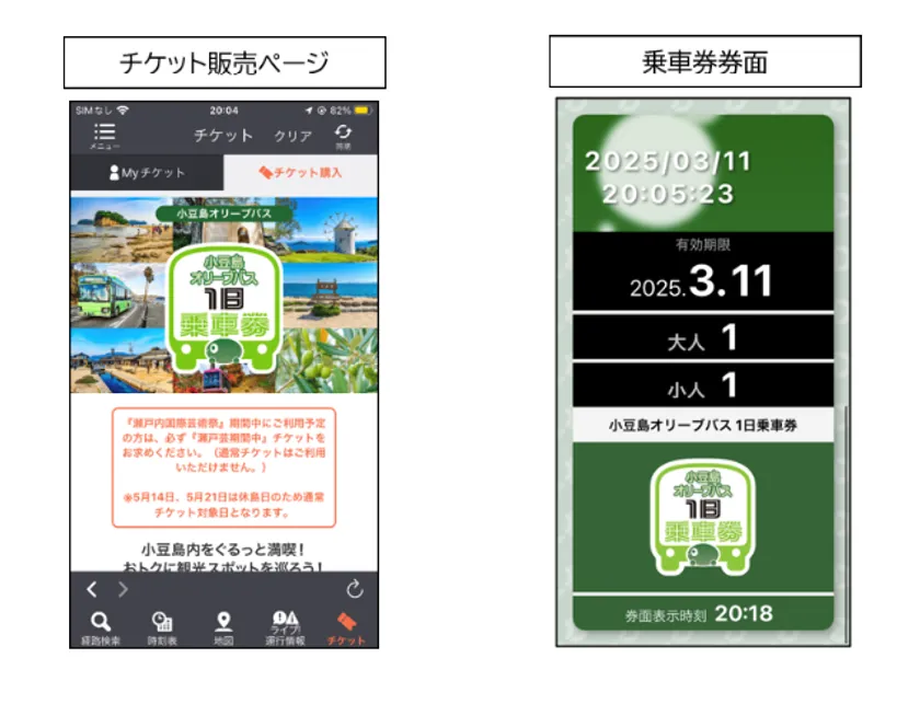 「小豆島オリーブバス 1日乗車券」モバイルチケット画面イメージ