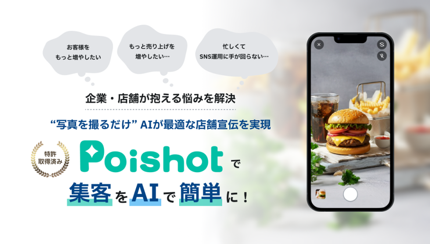 世界初※1、“写真を撮るだけ”、AIが最適な店舗宣伝を実現。
SNSを使ったAI集客サービス「Poishot(ポイショット)」提供開始