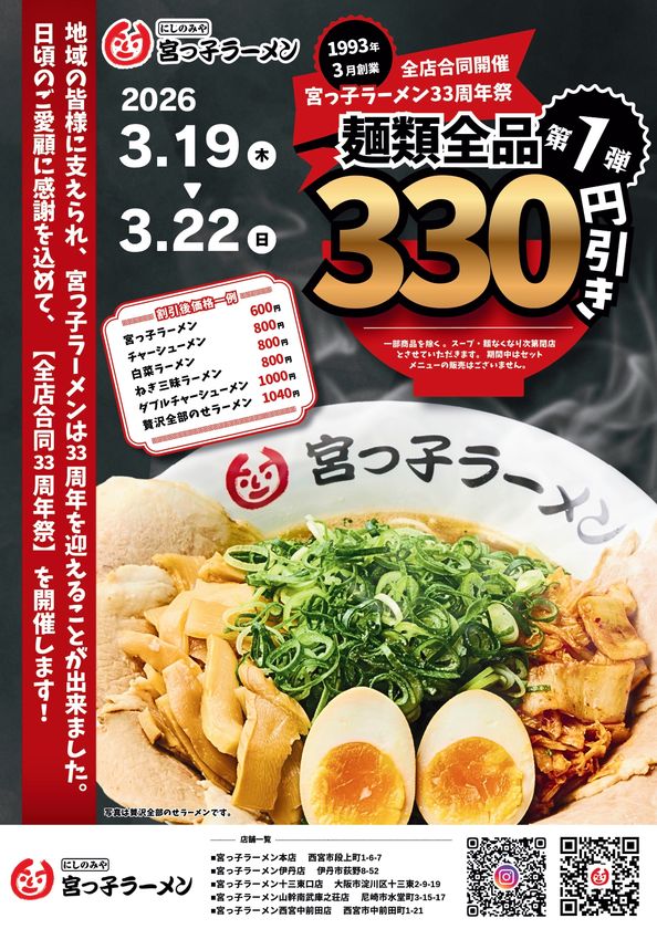 兵庫・西宮のソウルフード「宮っ子ラーメン」が
創業33年を迎える!
日頃の感謝を込めた「33周年祭」を開催!
第一弾:3/19(木)~22(日)、第二弾:3/23(月)~3/31(火)