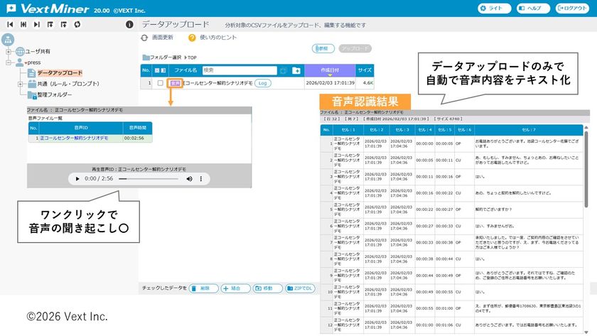 テキストマイニング×AI分析
「VextMiner」が音声ファイルに対応
音声認識から分析までを1つのツールで完結
