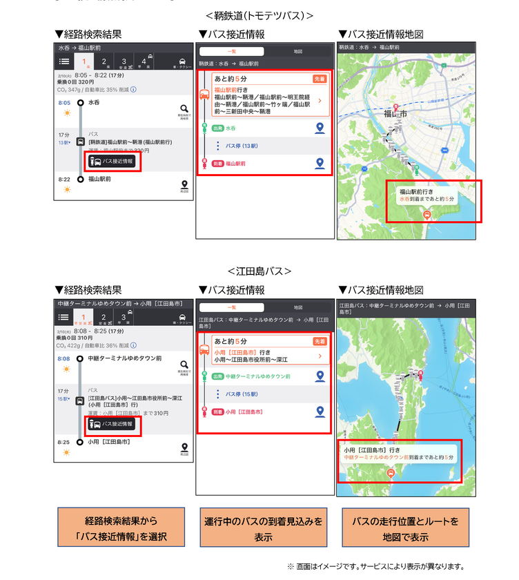 ジョルダン「乗換案内」アプリで
広島県バス協会のGTFSオープンデータを活用した
「鞆鉄道」「江田島バス」のリアルタイム「バス接近情報」を提供