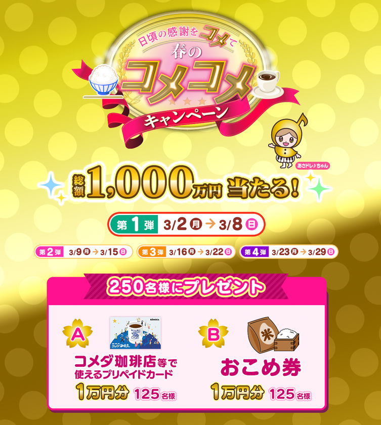 中京テレビを見ると“総額1,000万円”のプレゼントが当たる!
「日頃の感謝をコメて!春のコメコメキャンペーン」実施