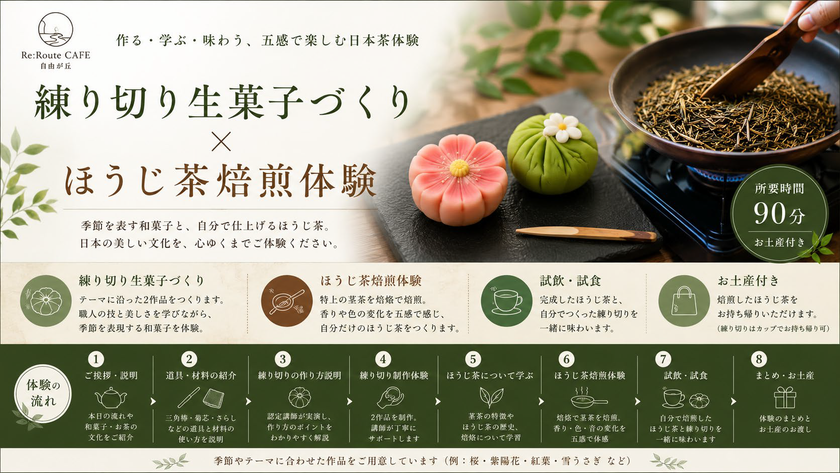関東初※「ほうじ茶焙煎 × 練り切り和菓子づくり」を一度に体験
Re:Route CAFE 自由が丘、
7月18日より日本文化体験プログラムを開始
