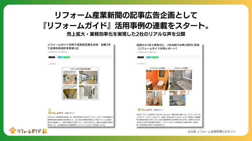 リフォーム産業新聞の記事広告企画として
『リフォームガイド』活用事例の連載をスタート
売上拡大・業務効率化を実現した2社のリアルな声を公開