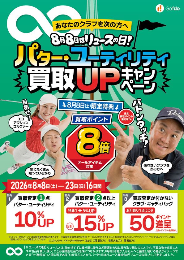 中古ゴルフ「ゴルフドゥ!」29店舗が
8/8「リユースの日」に合わせて8/8~23に
パター・ユーティリティ買取UPキャンペーンを開催!