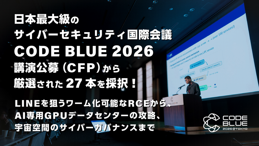 日本最大級のサイバーセキュリティ国際会議
「CODE BLUE 2026」講演公募(CFP)から
厳選された27本を採択!