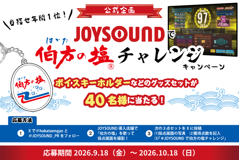好評開催中!「#JOYSOUNDで伯方の塩チャレンジ」
ボイスキーホルダーなどを抽選で40名にプレゼント