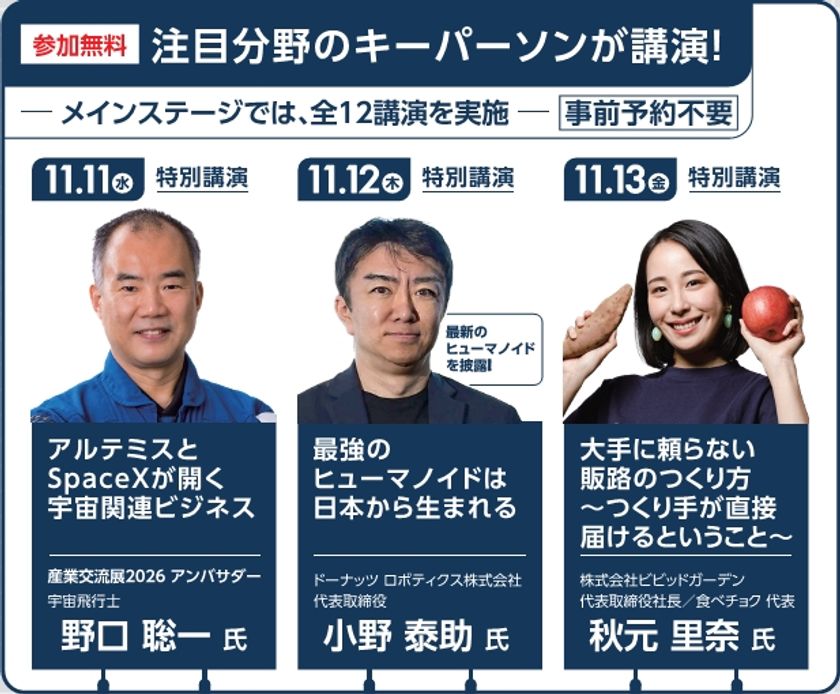 11/11(水)-13(金)に東京ビッグサイトで開催の「産業交流展2026」
ステージイベントには多彩なスピーカーが連日登壇!
10/1(木)から公式サイトで来場登録を受け付けています