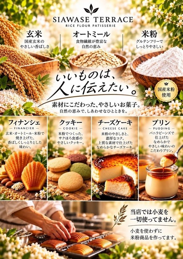 手作りフィナンシェ専門店
「幸せのパンケーキ スイーツテラス」
米粉スイーツへリニューアル
人気のフィナンシェが小麦粉から米粉に。
6種のジェラート×5種のドリンク×3種のフィナンシェから
自由に選べる新商品「ジェラドリ」も新発売!!