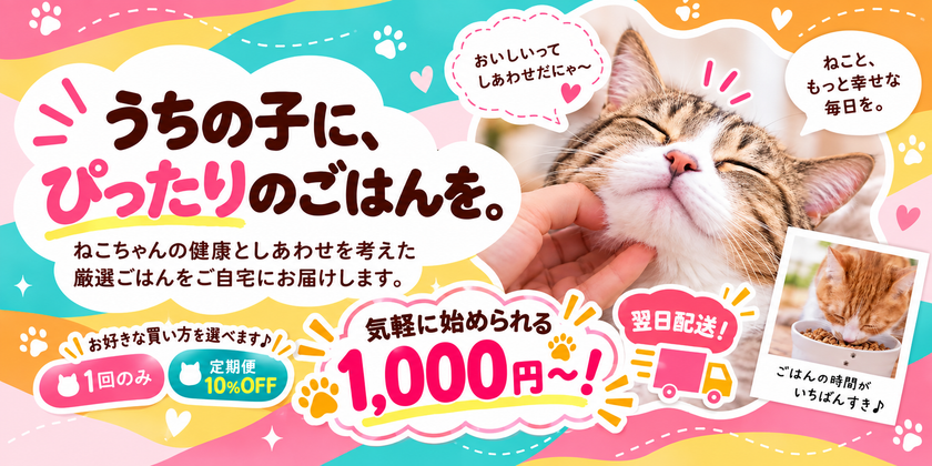 わんわんわんこ、お客さまのご要望にお応えして、商品を大幅刷新
猫用フード・日用品の定期便「にゃんにゃんデリバリーフーズ」
お悩み別の13セットに再編、お届け頻度も選べるように