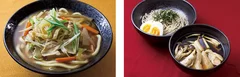 （左）豚汁そば・うどん ／ （右）きのこと鶏の温つけそば・うどん