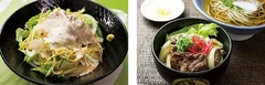 左：(1)豚しゃぶサラダそば・うどん　／　右：(2)牛焼き肉丼セット